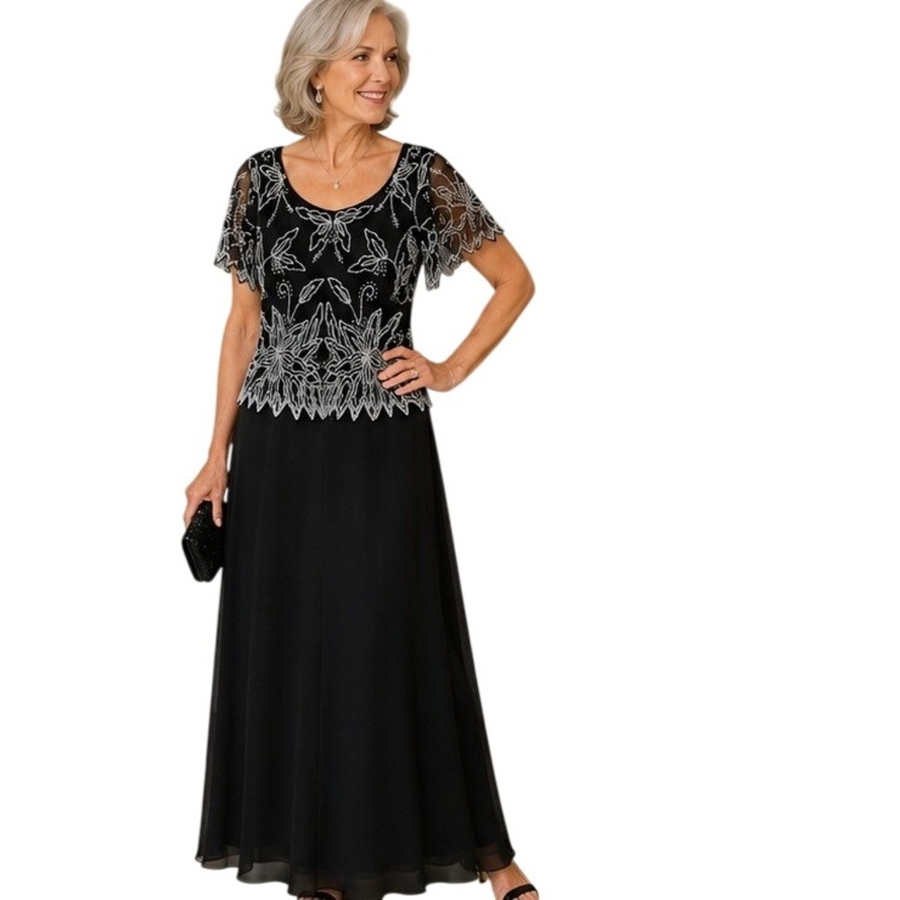J Kara New York Black Silver Beaded Floral Chiffon Evening Gown Dress Size 10